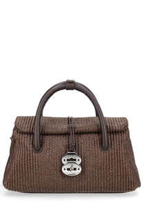Zanellato women’s borsa dotta vimini small brown handbag woven with dark brown leather handles and silver padlock clasp