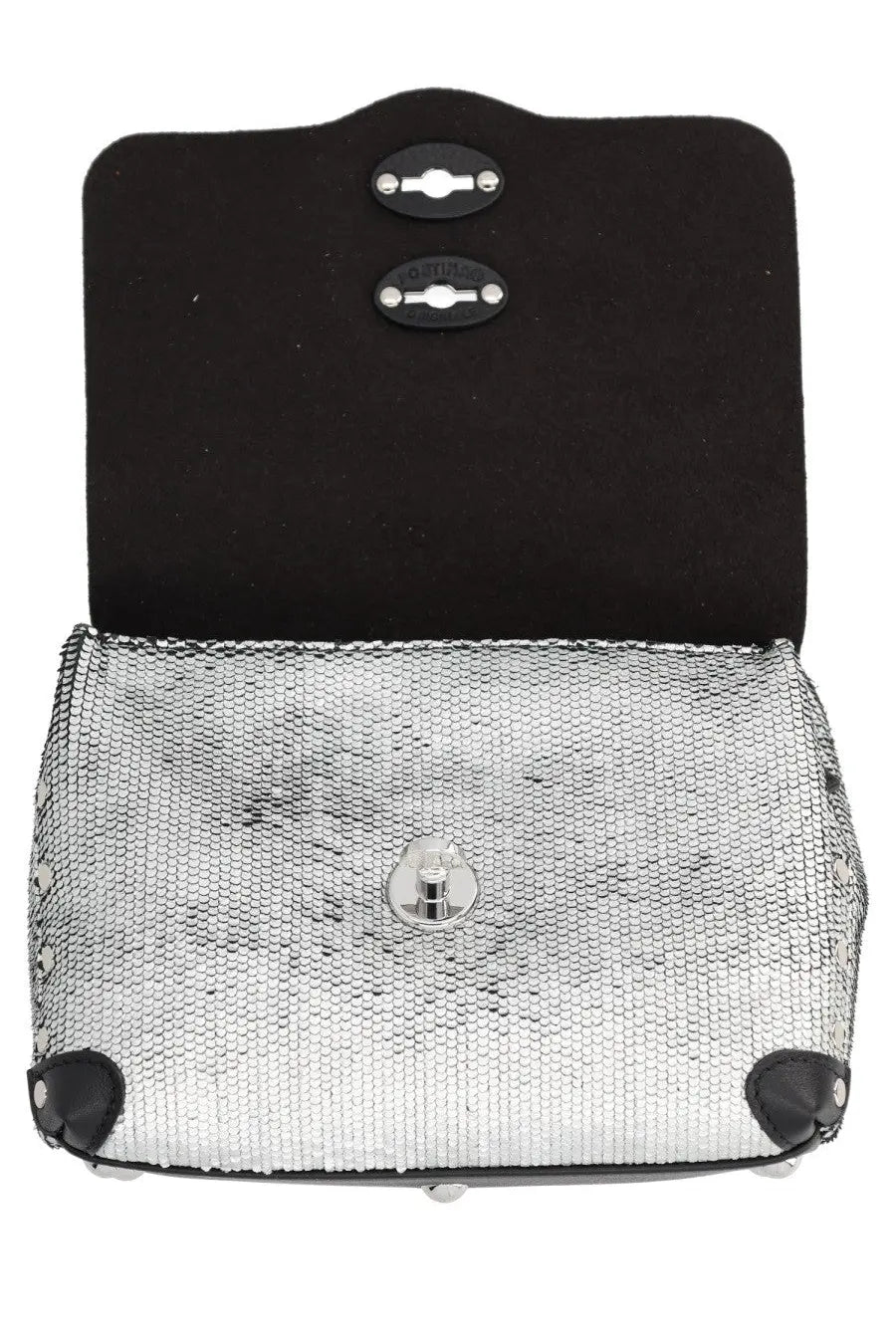 Zanellato women’s borsa postina cbi silver clutch with silver sequins black leather accents and metallic clasp