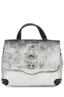 Zanellato women’s borsa postina cbi silver sequined handbag with black leather handles and metallic clasps