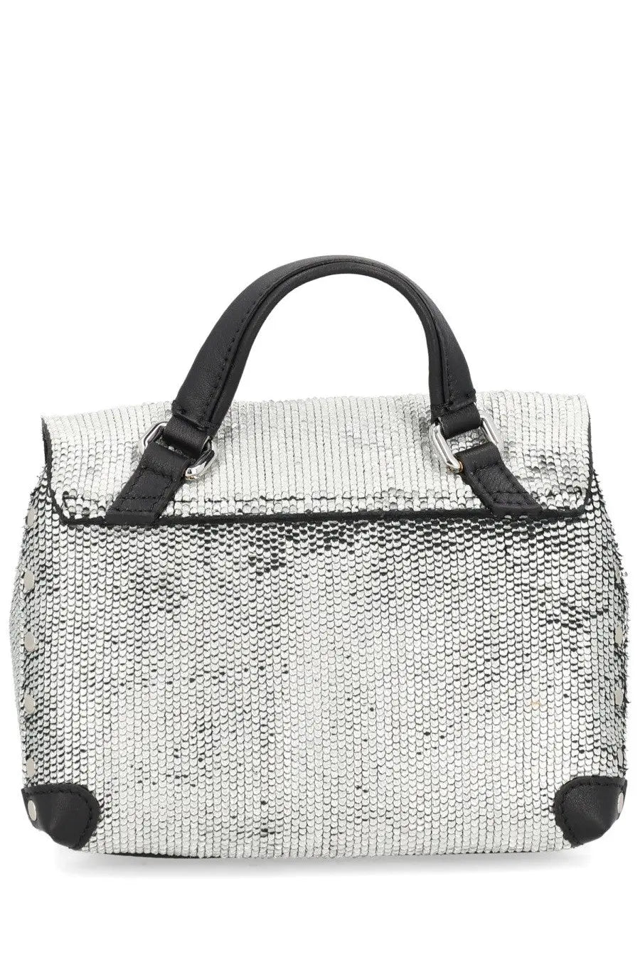Zanellato women’s borsa postina cbi silver silver sequined handbag with black leather handles and trim