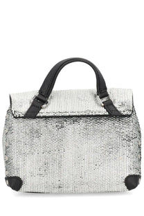 Zanellato women’s borsa postina cbi silver silver sequined handbag with black leather handles and trim