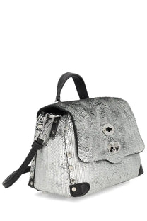 Zanellato womens borsa postina cbi silver mini backpack with silver snakeskin pattern black leather accents and hardware