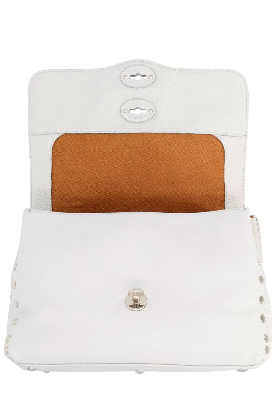 Zanellato women’s borsa postina small grey white leather crossbody bag with silver-tone hardware and tan interior lining