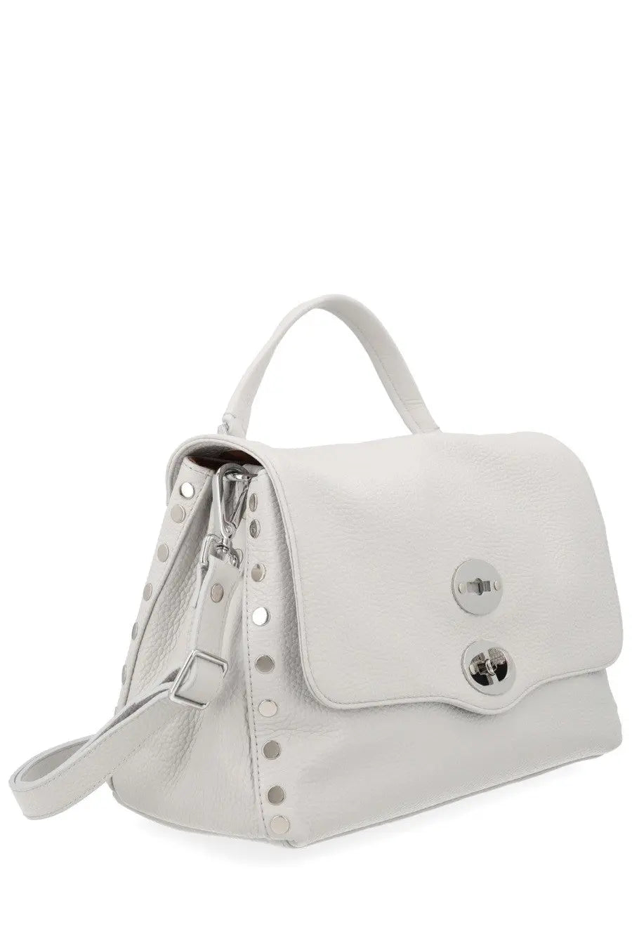 Zanellato women’s borsa postina small grey white leather handbag with silver studs and circular metal hardware