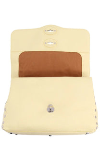 Cream-colored leather zanellato women’s borsa postina small clutch with silver hardware and brown interior lining