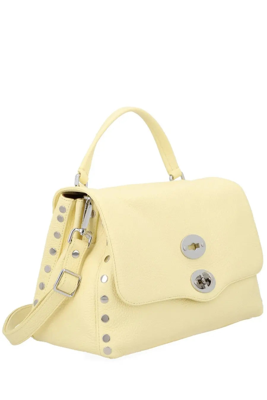 Zanellato women’s borsa postina small yellow pale leather handbag with silver-toned studs and circular metal clasps