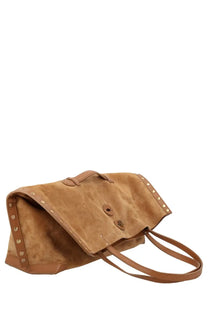 Tan suede zanellato women’s borsa spasso medium tote bag with brass studs and leather handles in beige