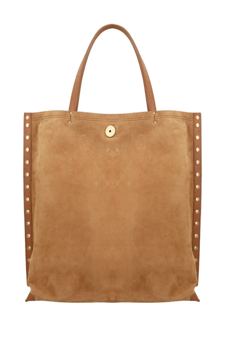 Zanellato women’s borsa spasso medium beige tan suede tote bag with brown leather handles and gold-tone studs along sides