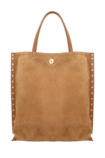Zanellato women’s borsa spasso medium beige tan suede tote bag with brown leather handles and gold-tone studs along sides