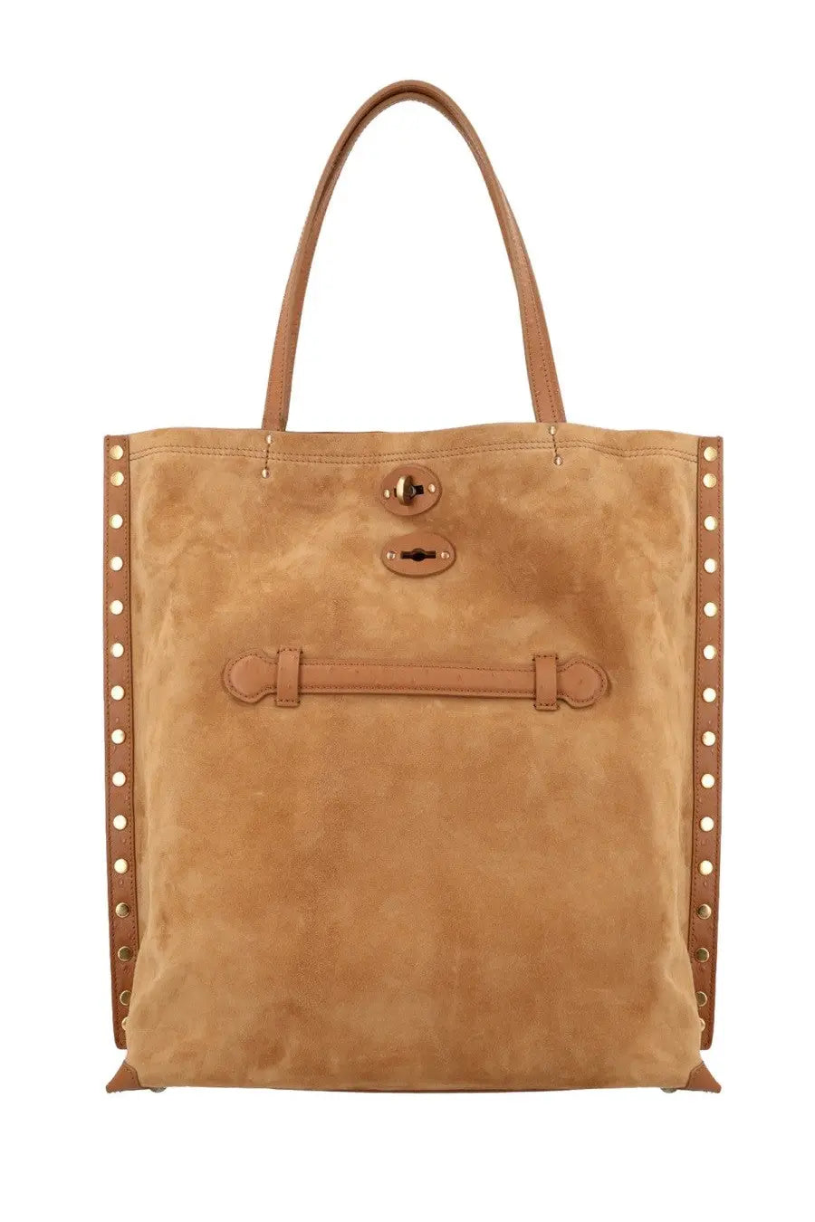 Tan suede zanellato women’s borsa spasso medium tote bag with leather handles and gold-tone hardware accents