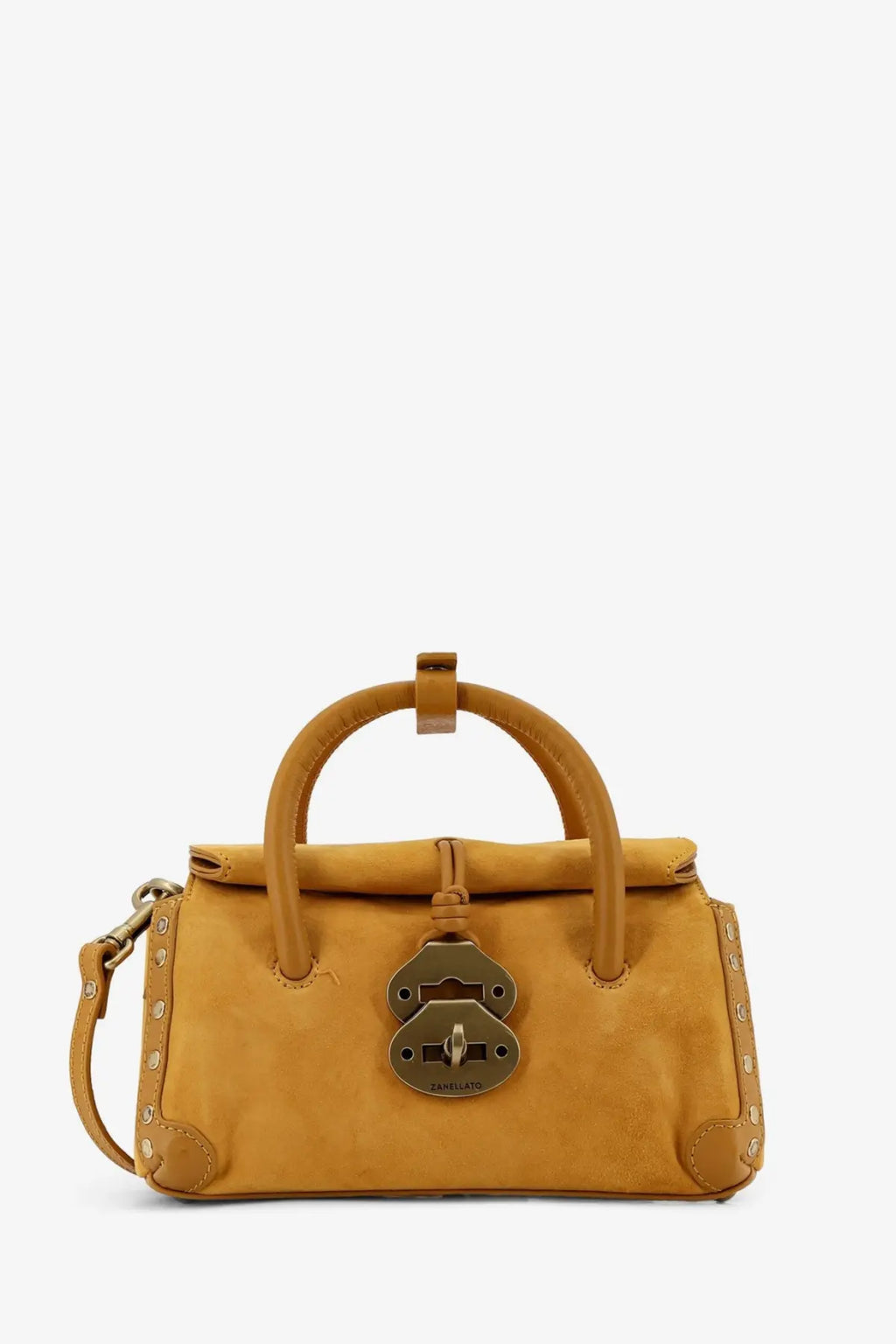 Zanellato women’s dotta baby suede crossbody bag yellow in mustard with brass lock closure and studded edges