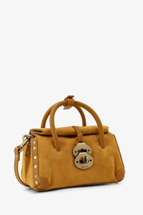 Zanellato women’s dotta baby suede crossbody bag yellow tan suede with gold-tone padlock clasp and studded detailing