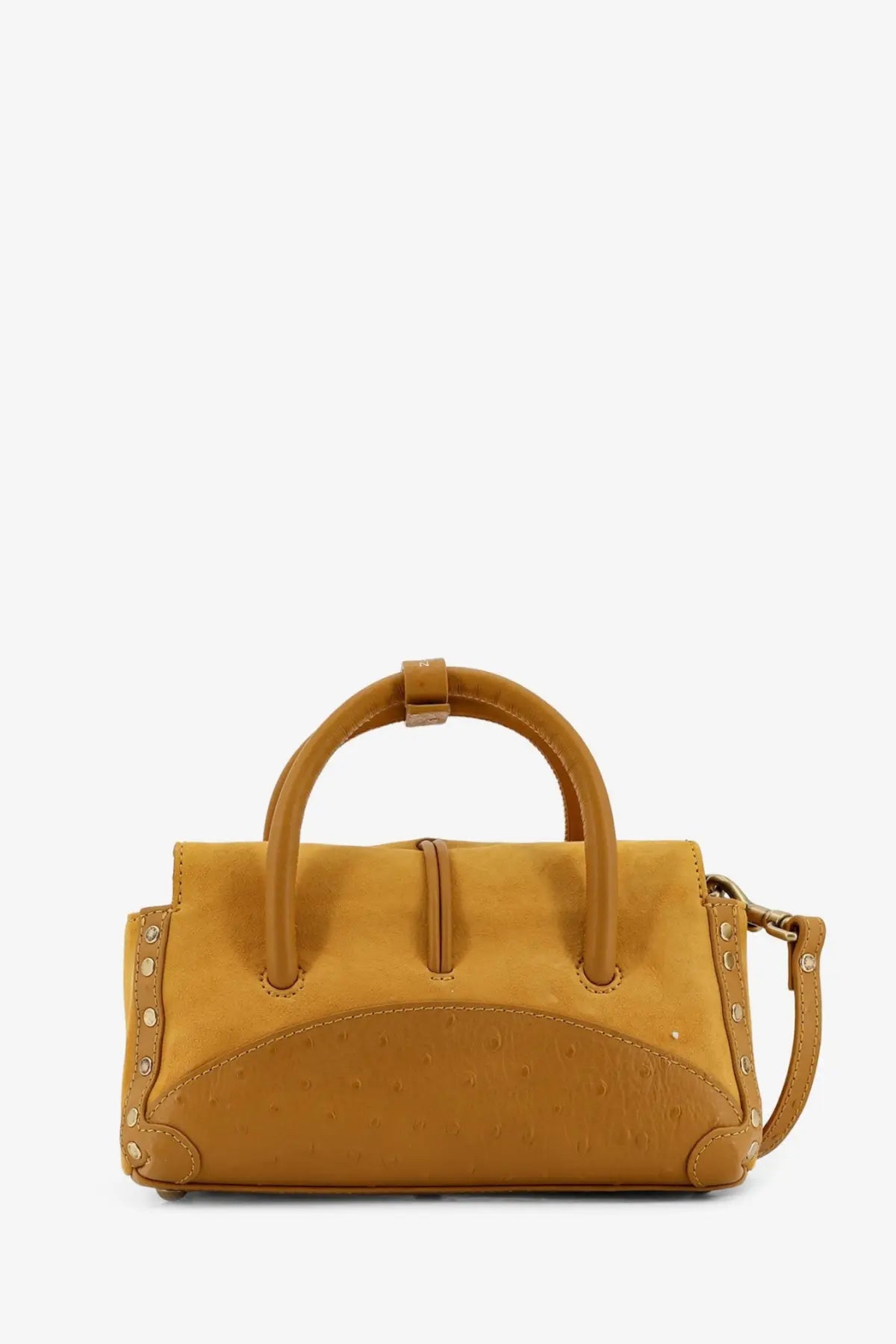 Zanellato women’s dotta baby suede crossbody bag yellow with tan ostrich-embossed leather and gold-tone studded handle