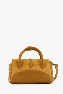 Zanellato women’s dotta baby suede crossbody bag yellow with tan ostrich-embossed leather and gold-tone studded handle
