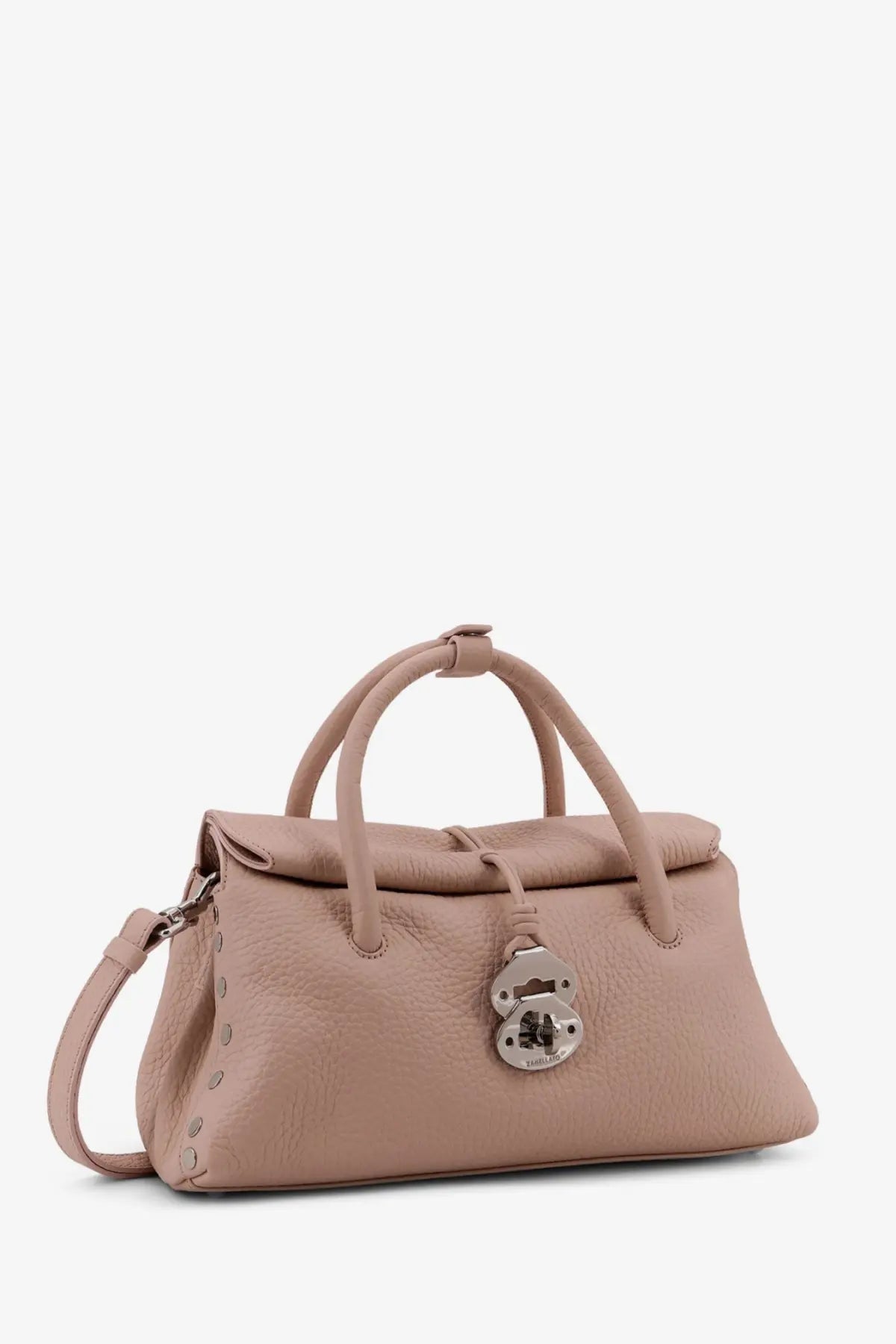A taupe leather satchel with silver-tone padlock clasp and handles for zanellato women’s hammered leather dotta small crossbody bag blue
