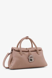A taupe leather satchel with silver-tone padlock clasp and handles for zanellato women’s hammered leather dotta small crossbody bag blue