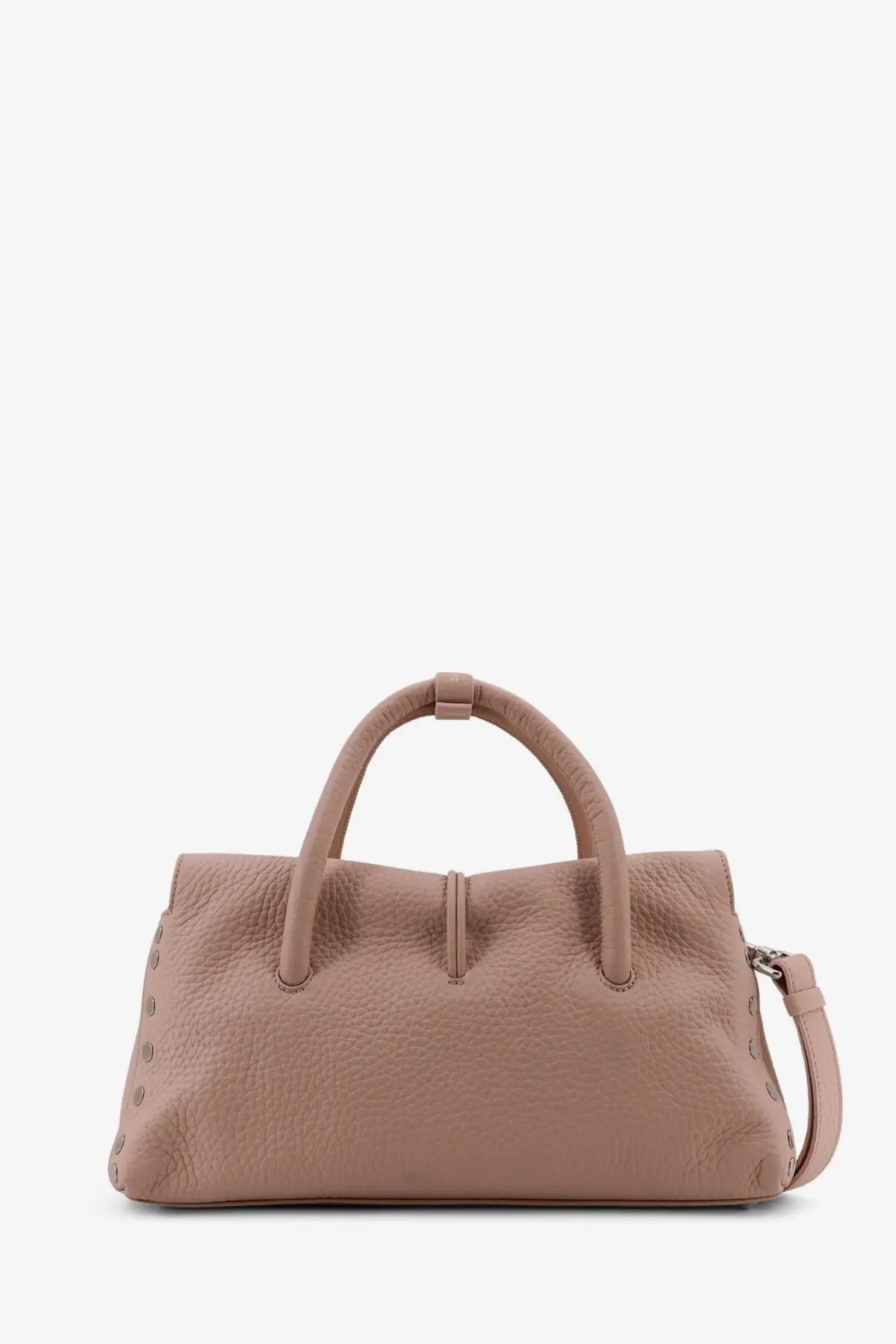 Taupe textured leather satchel with rounded top handles and detachable shoulder strap for versatile carrying
