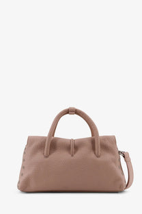 Taupe textured leather satchel with rounded top handles and detachable shoulder strap for versatile carrying