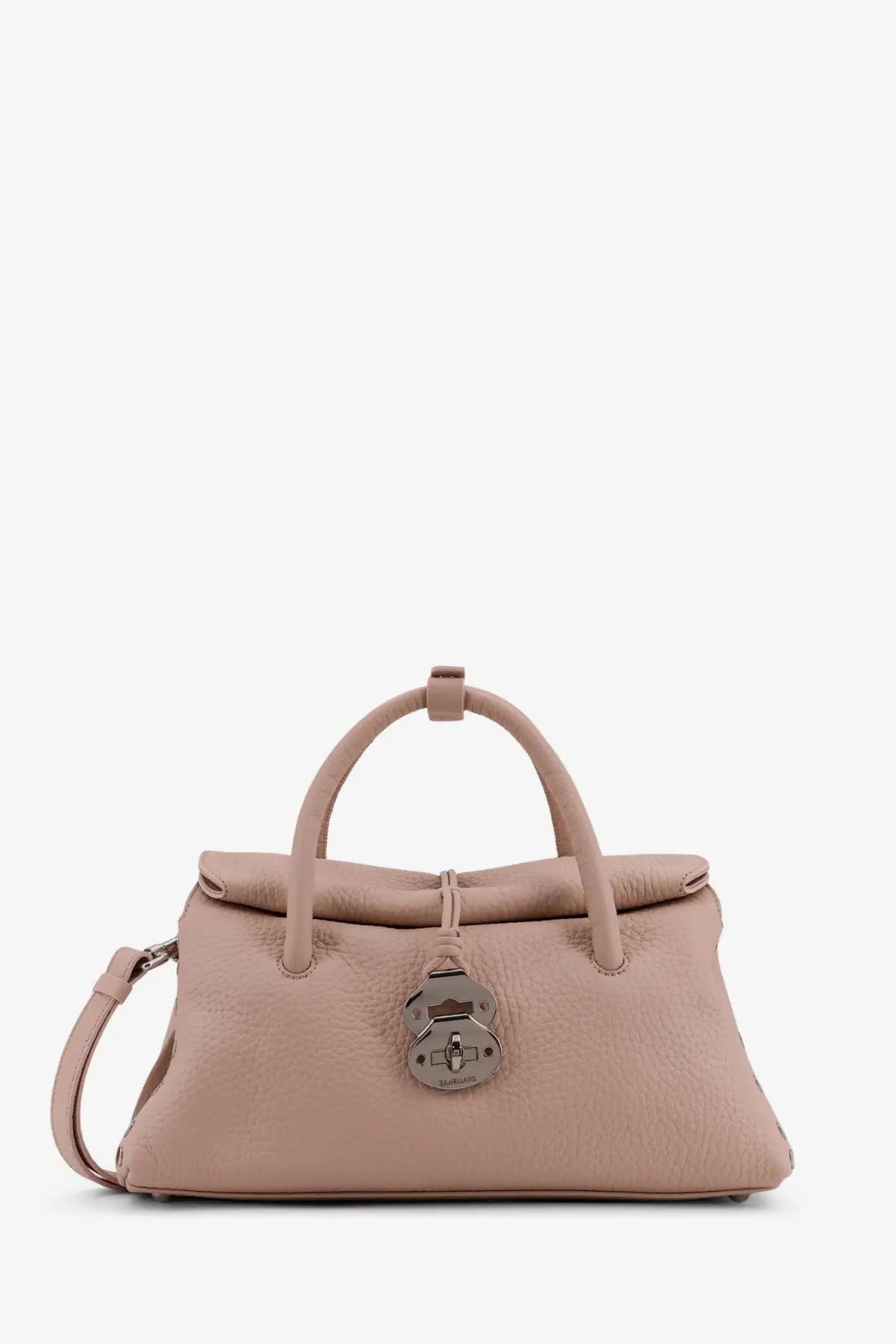 Zanellato women’s hammered leather dotta small crossbody bag in soft blush pink with metallic lock closure and rolled handles