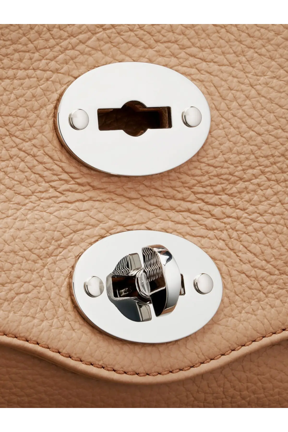 Zanellato women’s brown textured leather crossbody bag with polished silver oval hardware and keyhole closure