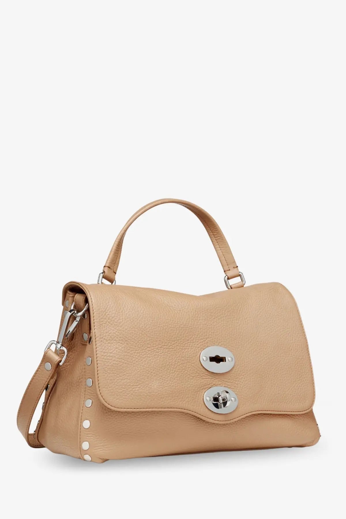 Beige zanellato women’s leather handbag with silver hardware and studded detailing for daily crossbody use