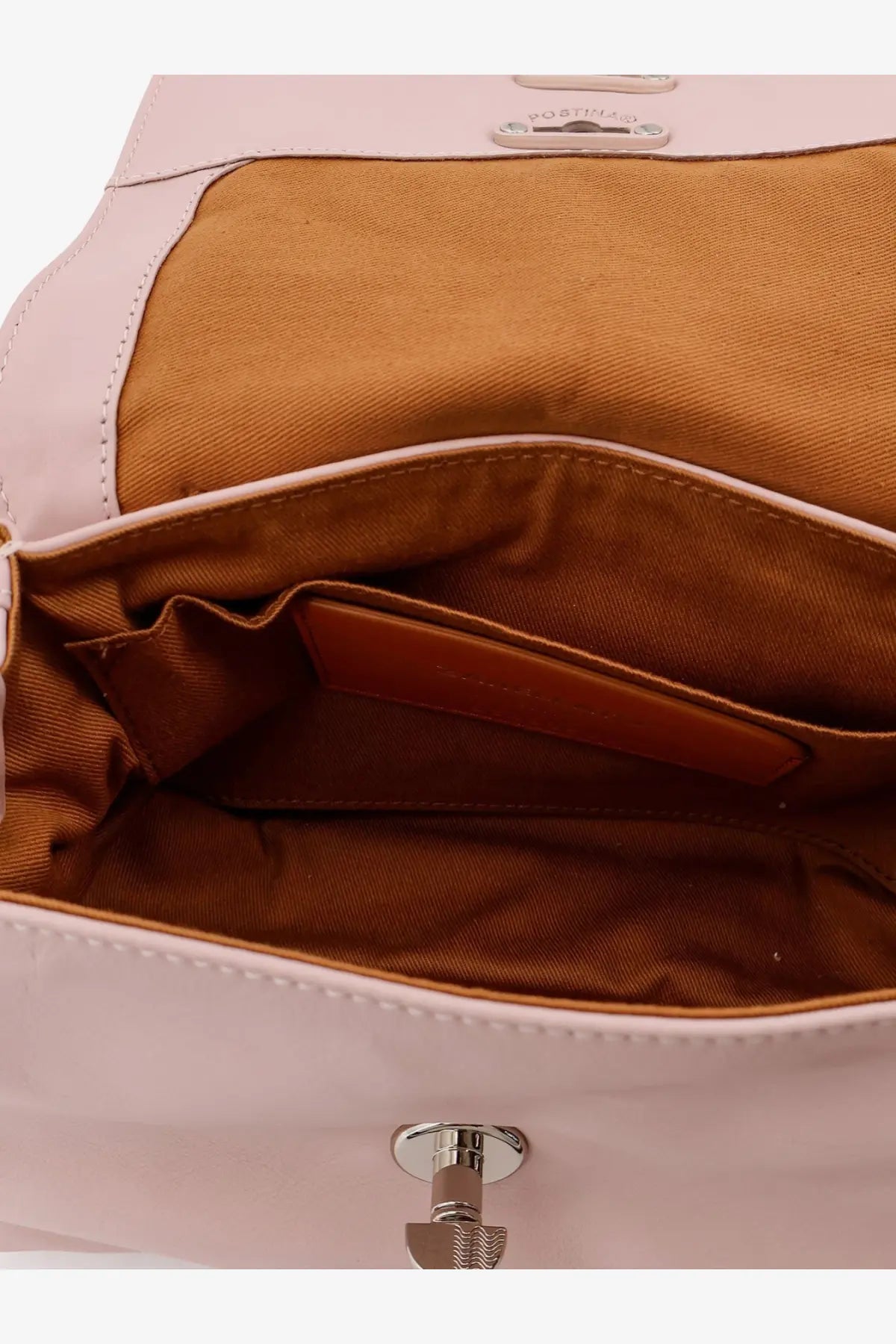 A blush pink leather crossbody bag with tan interior and silver hardware from zanellato womens postina baby collection