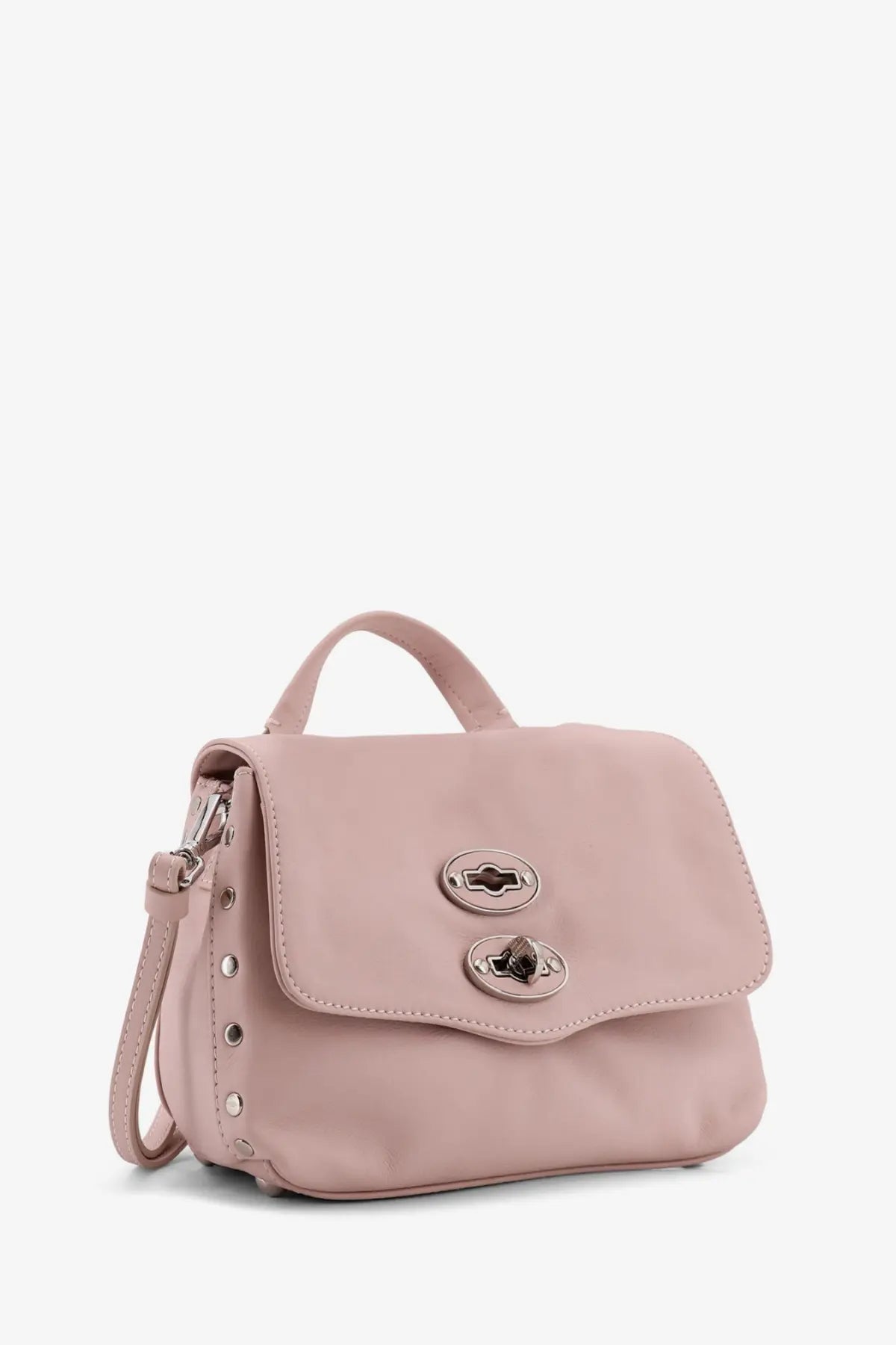 Zanellato women’s postina baby soft pink leather crossbody bag with flap closure and silver stud details