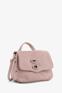 Zanellato women’s postina baby soft pink leather crossbody bag with flap closure and silver stud details