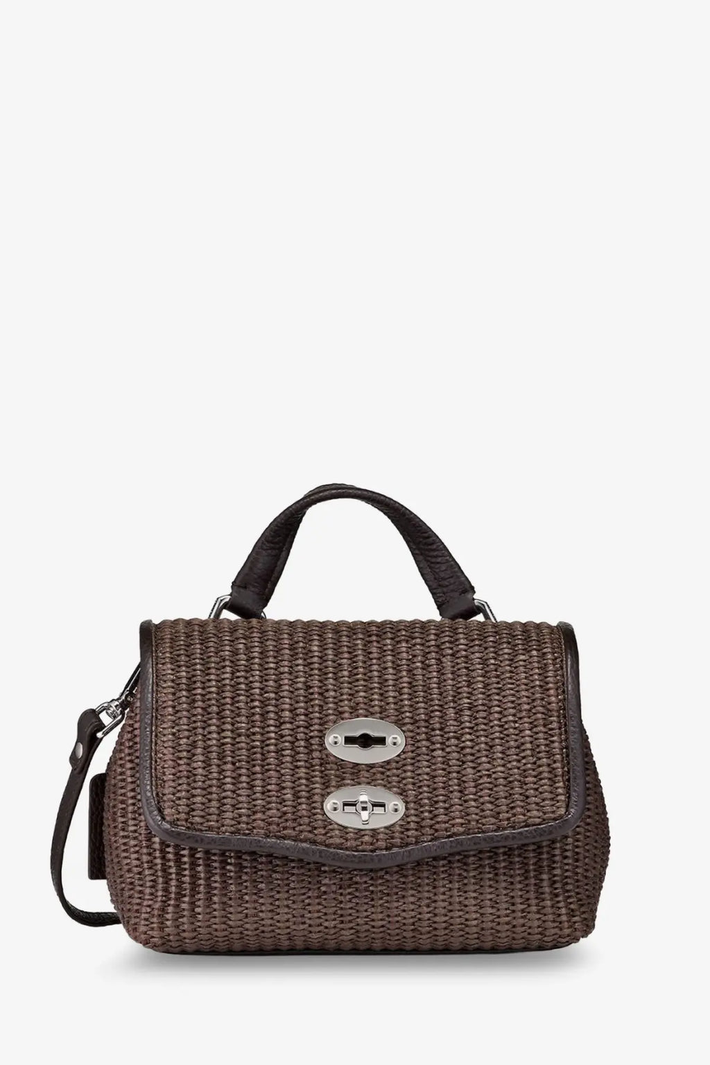 Zanellato women’s postina baby wicker crossbody bag brown with black leather handles and silver metal clasps