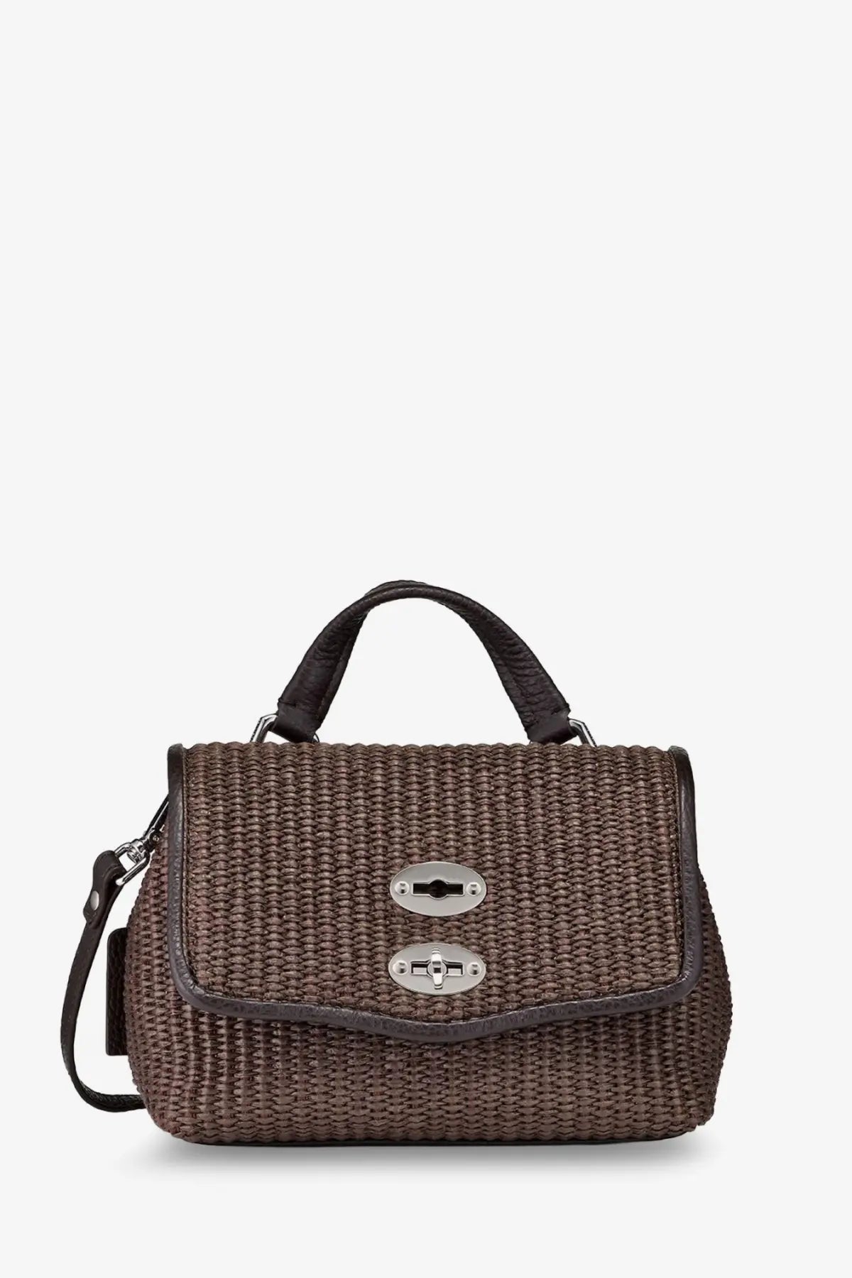 Zanellato women’s postina baby wicker crossbody bag brown with black leather handles and silver metal clasps