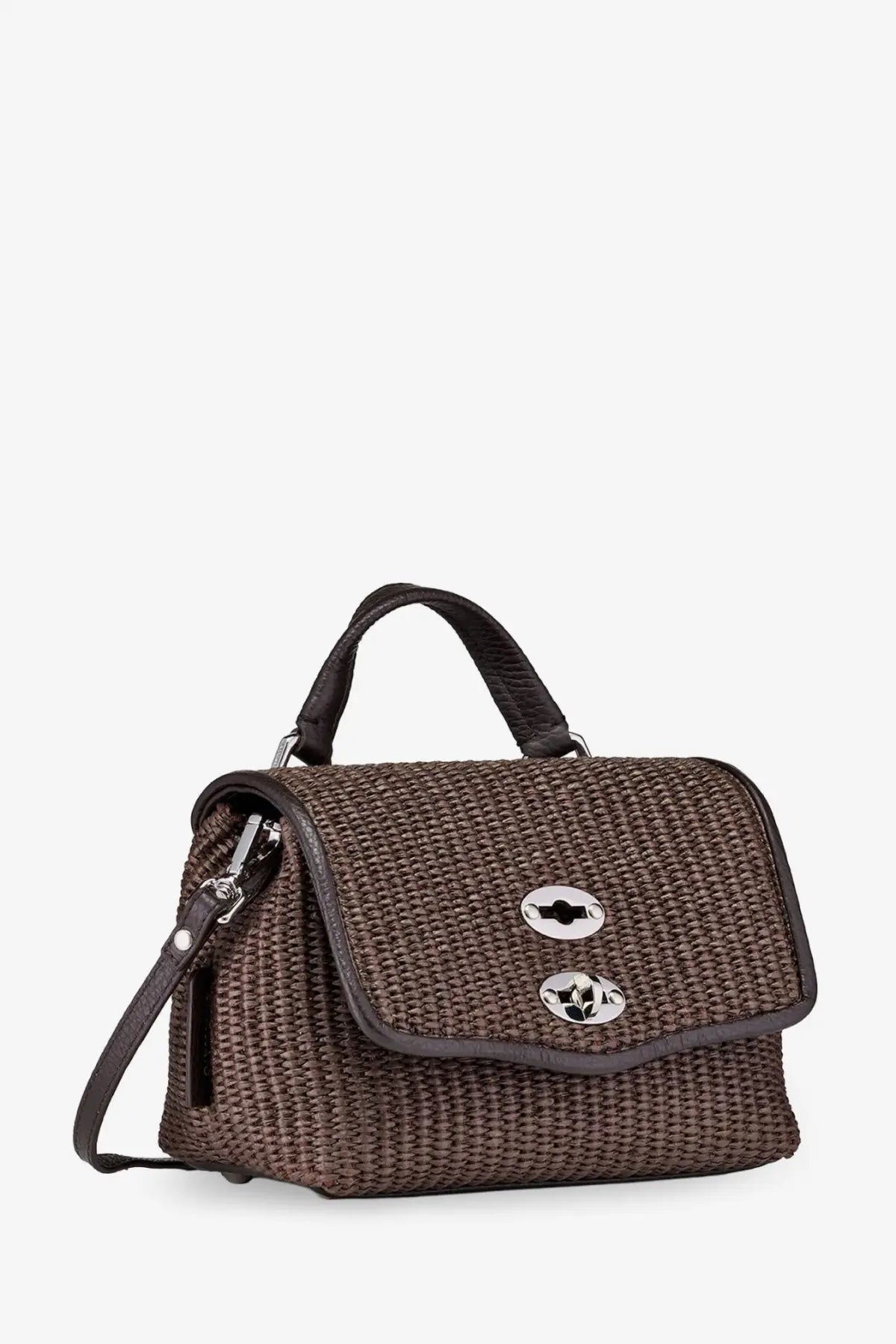 Zanellato women’s Postina Baby wicker crossbody bag in brown with black leather handles and silver metal hardware