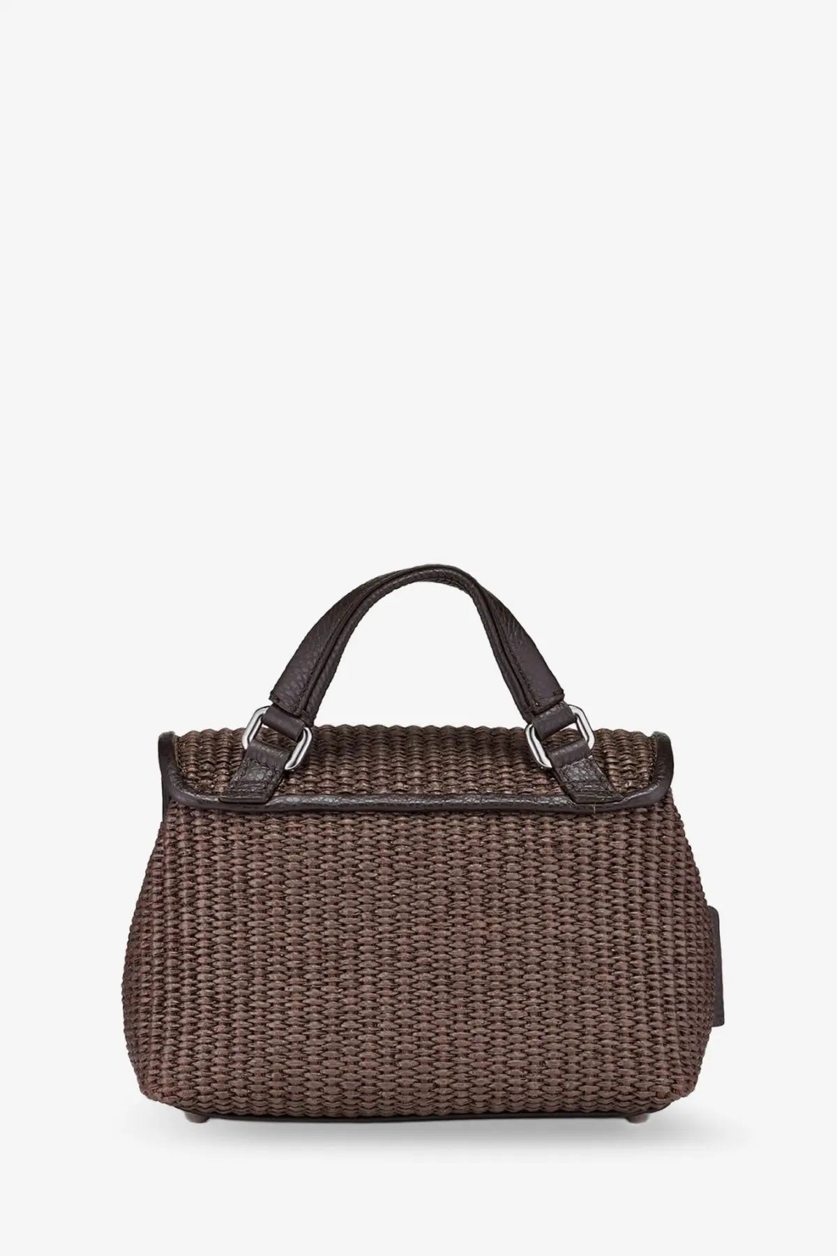 Zanellato women’s postina baby wicker crossbody bag in brown with black leather handles and silver toned hardware