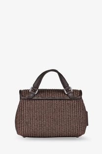 Zanellato women’s postina baby wicker crossbody bag in brown with black leather handles and silver toned hardware