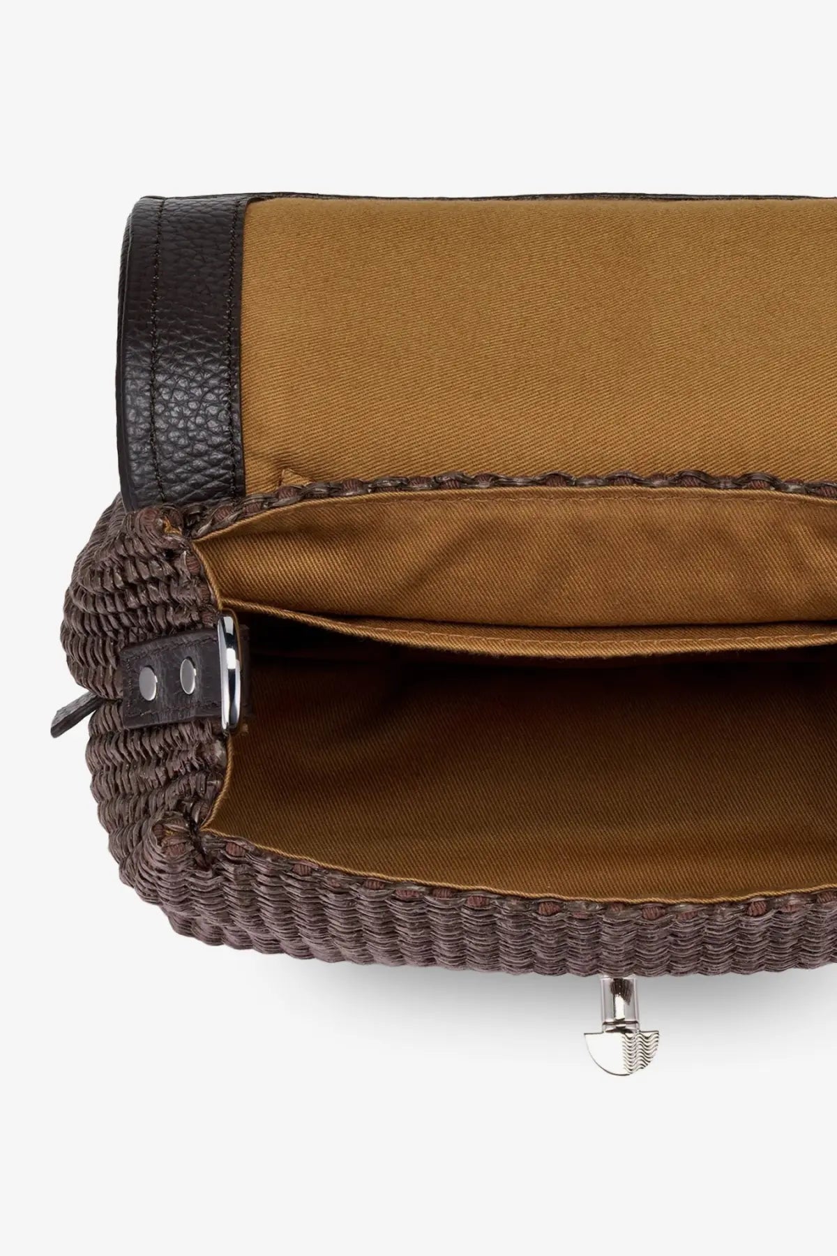Zanellato women’s postina baby wicker crossbody bag brown with brown woven straw, black leather trim, and tan interior lining