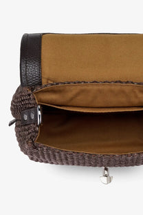 Zanellato women’s postina baby wicker crossbody bag brown with brown woven straw, black leather trim, and tan interior lining