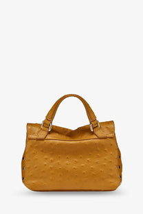 Zanellato women’s postina cactus leather crossbody brown mustard yellow ostrich embossed leather handbag with silver hardware