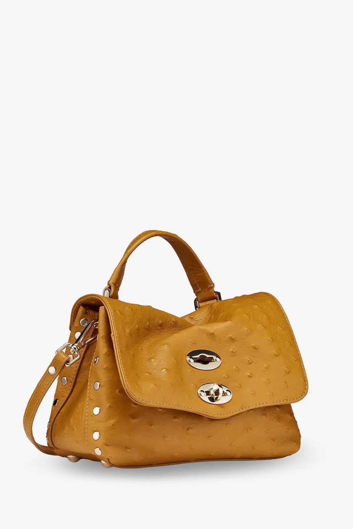Zanellato womens postina cactus leather crossbody brown with tan ostrich-embossed leather silver hardware and studs