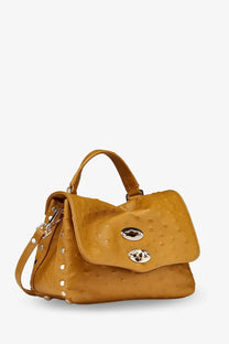 Zanellato womens postina cactus leather crossbody brown with tan ostrich-embossed leather silver hardware and studs