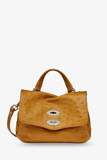 Zanellato women’s postina brown crossbody satchel in tan ostrich-embossed leather with silver hardware and detachable strap