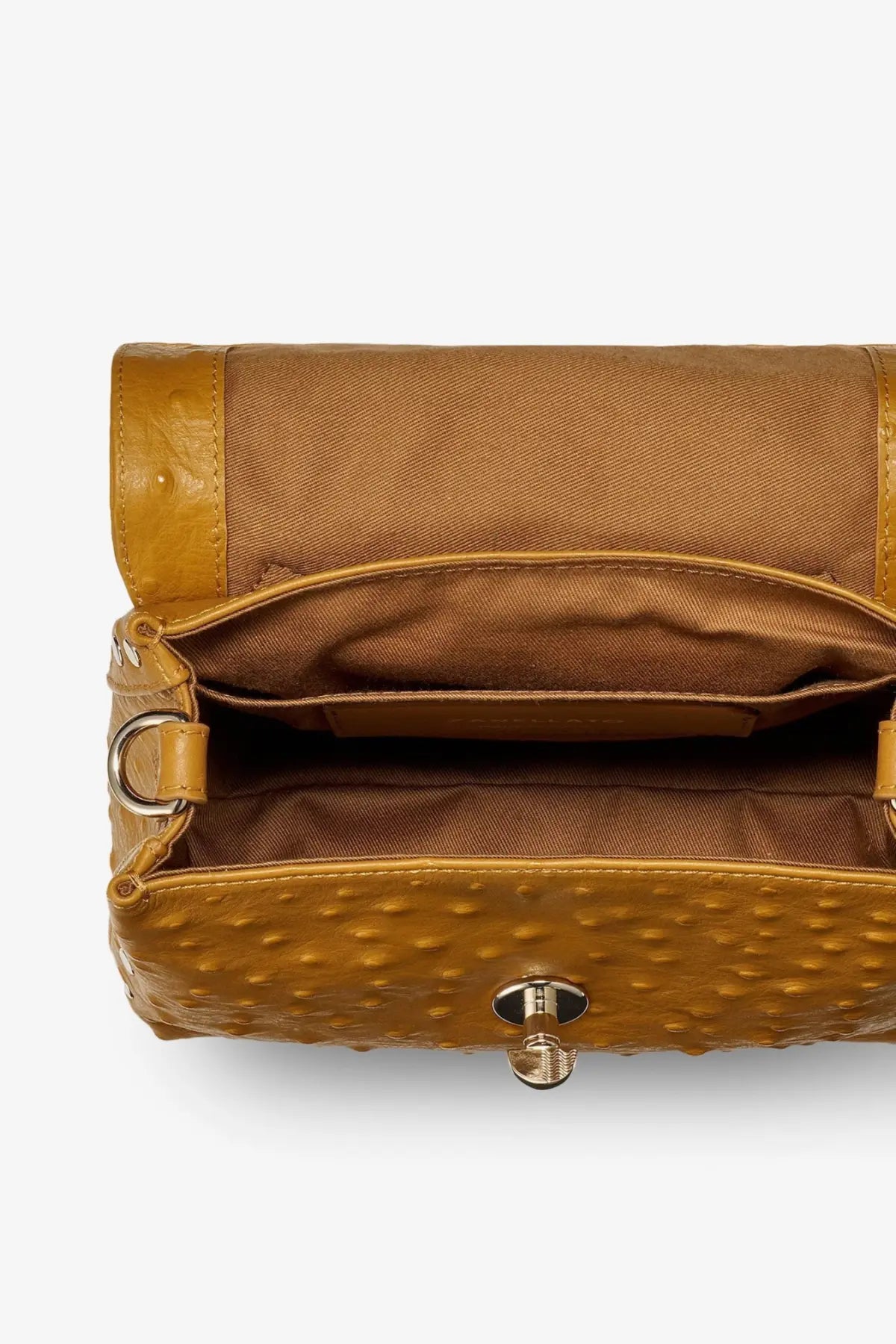 Zanellato women’s postina crossbody bag in tan ostrich embossed leather with matching lining and gold hardware
