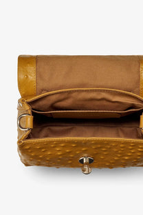 Zanellato women’s postina crossbody bag in tan ostrich embossed leather with matching lining and gold hardware