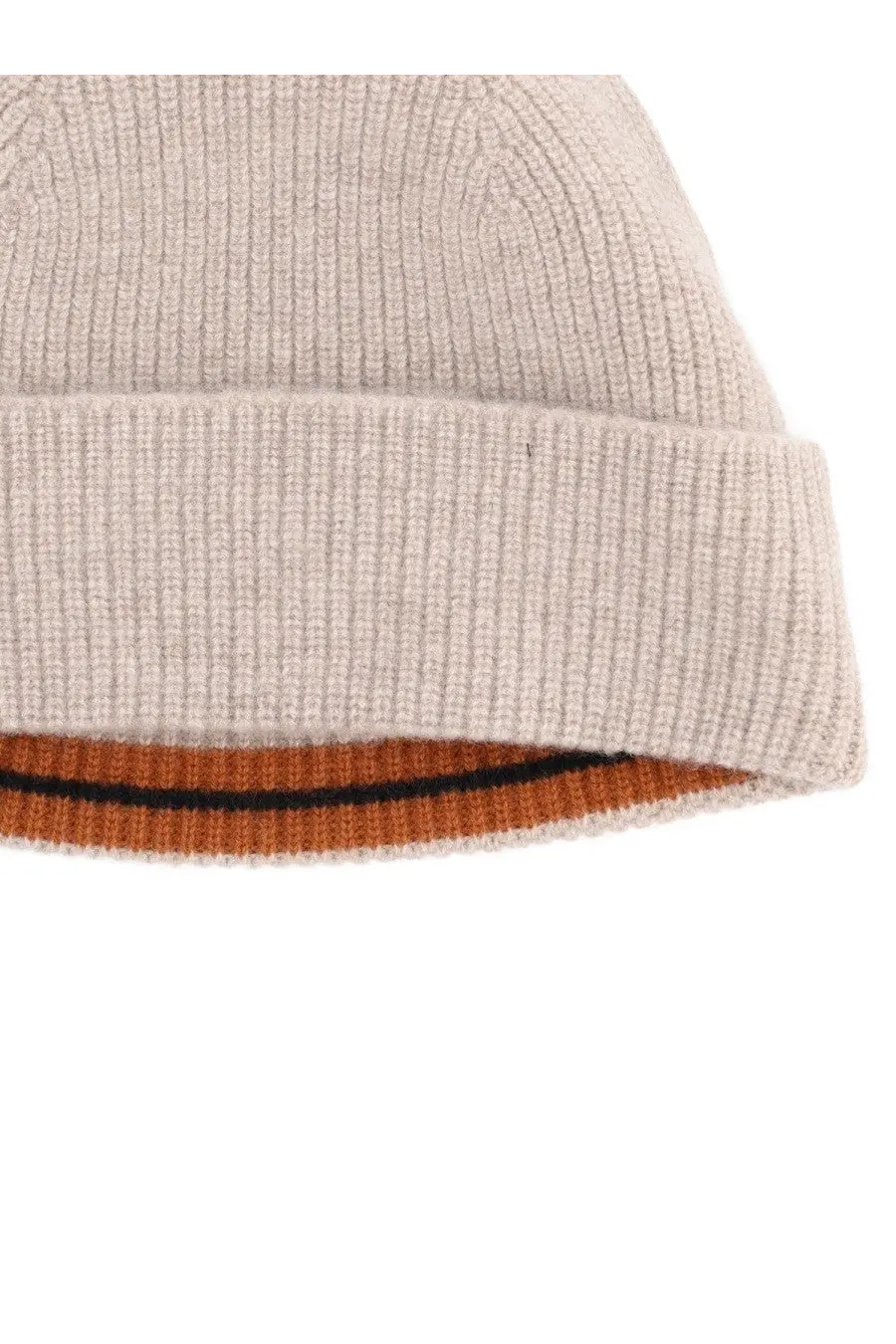 Zegna men’s cashmere oasis beige ribbed knit beanie with folded cuff showing orange and black inner lining