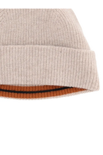 Zegna men’s cashmere oasis beige ribbed knit beanie with folded cuff showing orange and black inner lining