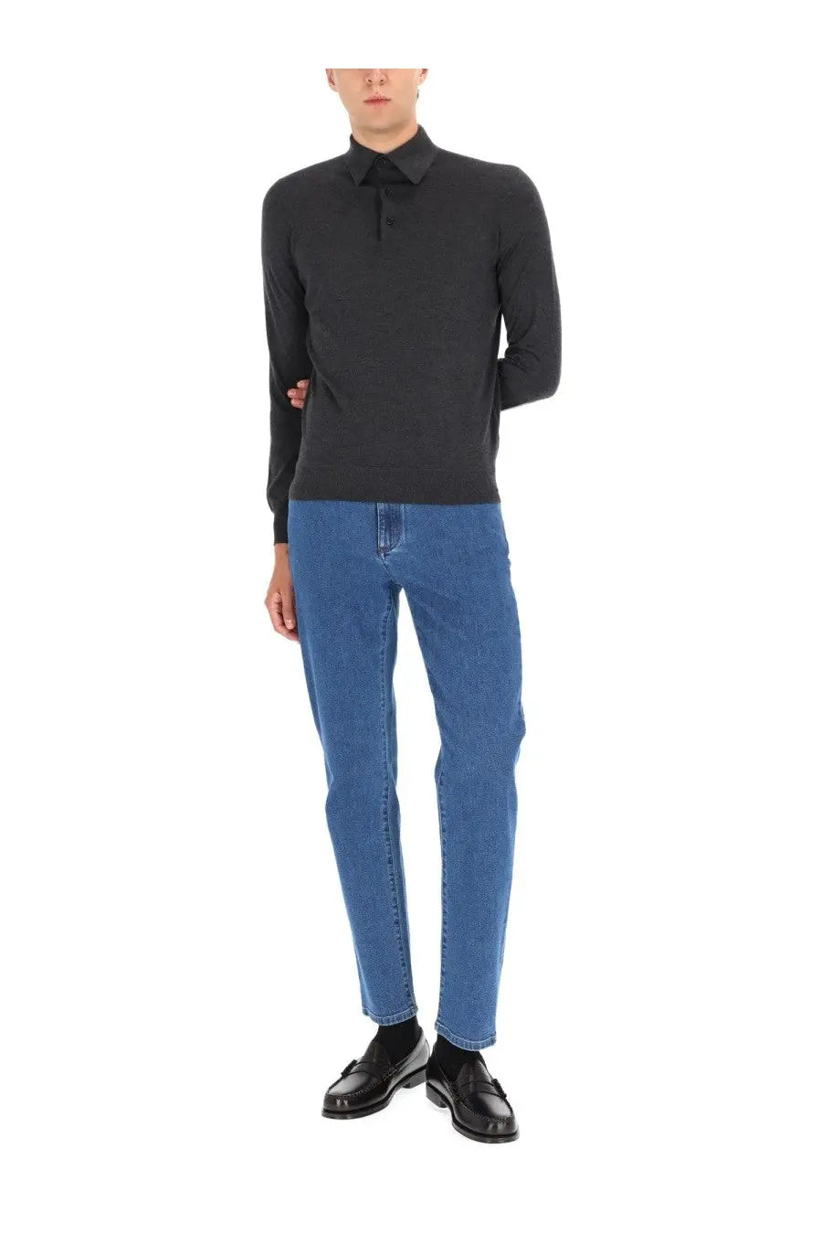 Black long-sleeved polo shirt with classic collar and subtle button detail for zegna men’s cashmere polo shirt gray