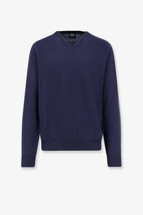Navy blue zegna men’s cashmere v-neck sweater with fine knit texture and ribbed cuffs for stylish comfort