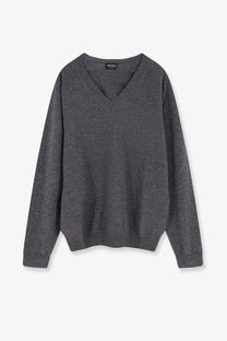 Zegna men’s cashmere sweater grey with a dark gray finely knitted v neck and ribbed cuffs and hem