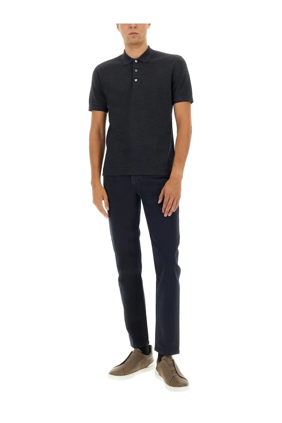 Zegna men’s black cotton blend polo shirt with short sleeves classic collar and three-button placket