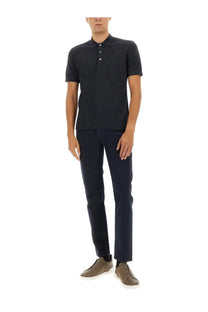 Zegna men’s black cotton blend polo shirt with short sleeves classic collar and three-button placket