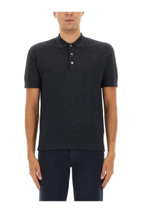 Zegna men’s black cotton blend polo shirt with classic collar and three white buttons textured fabric