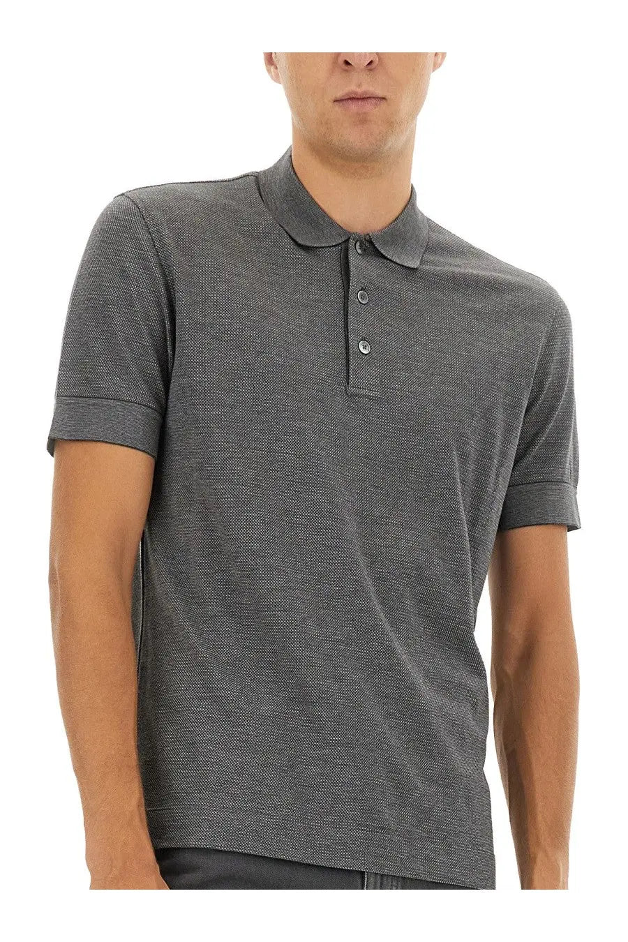 A dark gray textured Zegna men’s cotton blend polo shirt with classic collar and buttoned placket